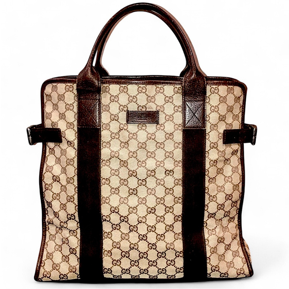 GUCCI GG Monogram Brown Leather Rolled Top Handle Oversized Laptop Tote Bag